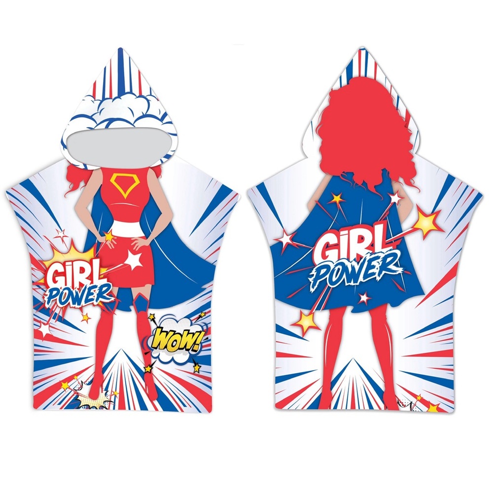 UV Sensing‎ Kids Micro-Fiber Girl Power Poncho Hooded Beach Towel Cover Up OS